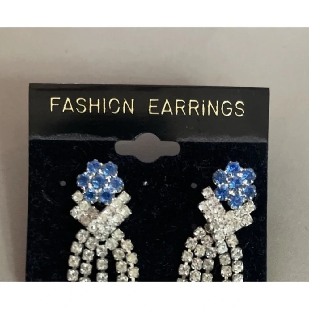 Vintage‎ Earrings Blue & Clear Rhinestones Dangle Post 2